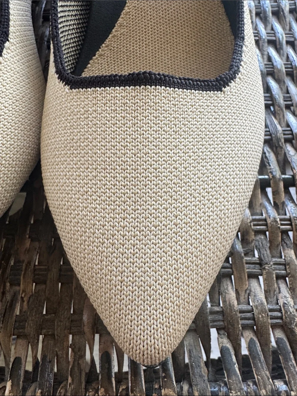 Rothy's Pointed Mary Jane Flats in Cream with Black Trim and Blue Accent